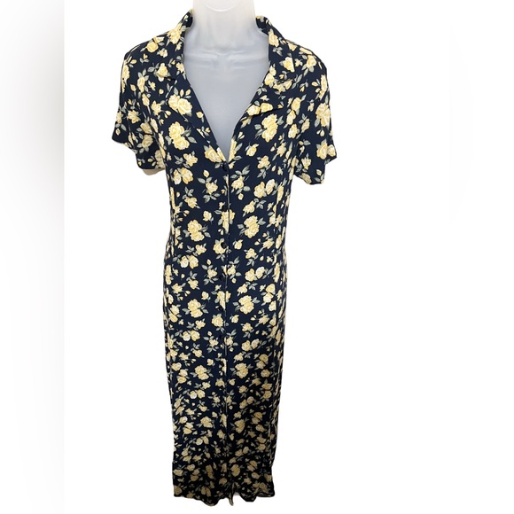Fashion Bug Dresses & Skirts - Vintage Fashion Bug 16 Maxi Shirt Dress Collar Button Navy Yellow Floral Women